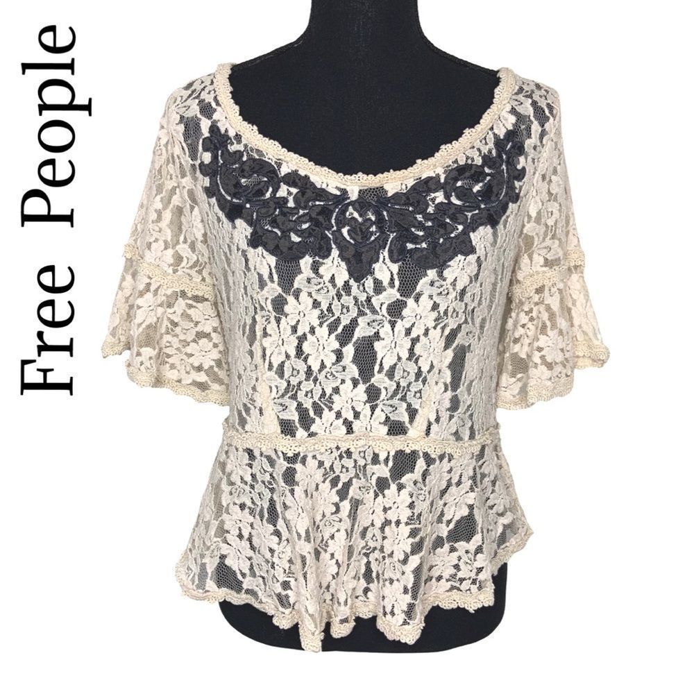 ***FINAL MARK DOWN***Free People cream lace top with black embellishment
